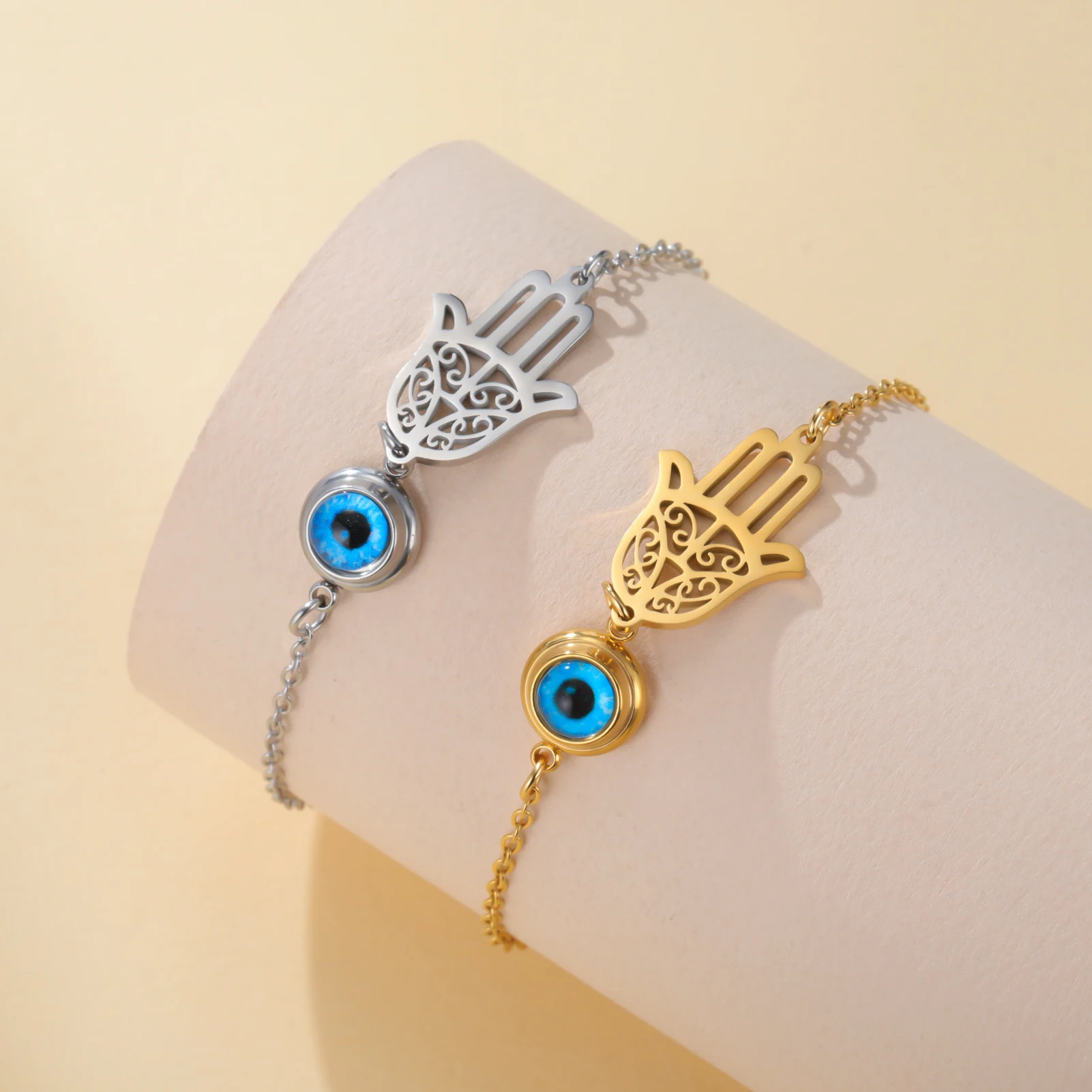 Skyrim Blue Evil Eye Hamsa Fatima Hand Charm Bracelets Women Stainless Steel Gold Color Bracelet Amulet Lucky Jewelry Gift