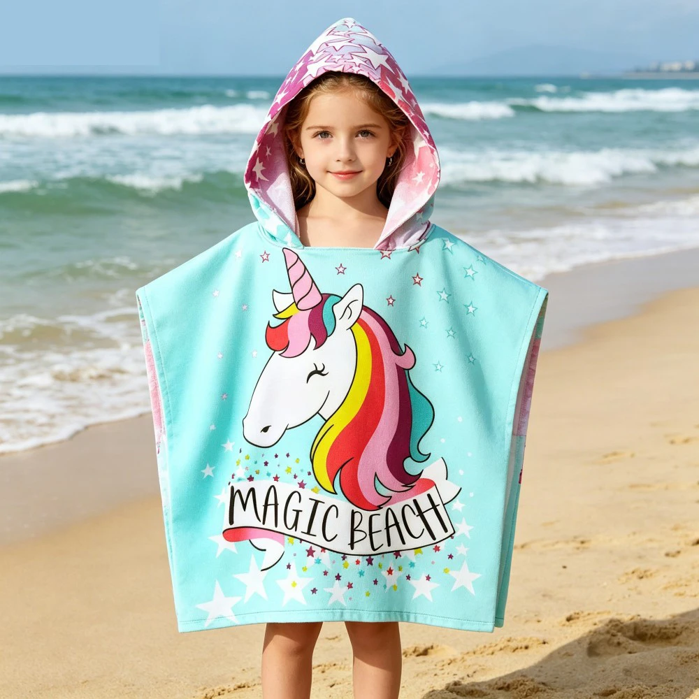 

Kids Hooded Beach Towel Poncho Bath Towel, Microfiber Quick Dry Absorbent Bathrobe for Boys Girls 2-10Y Swimming Pool Cover Up