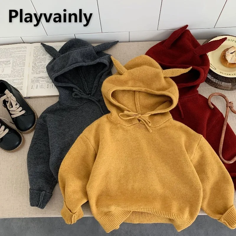 

Korean Style Children Knitted Pullover Hoody Spring Autumn Boys Girls Orange Wine Red Dark Gray Hooded Sweaters Kids Tops A5561