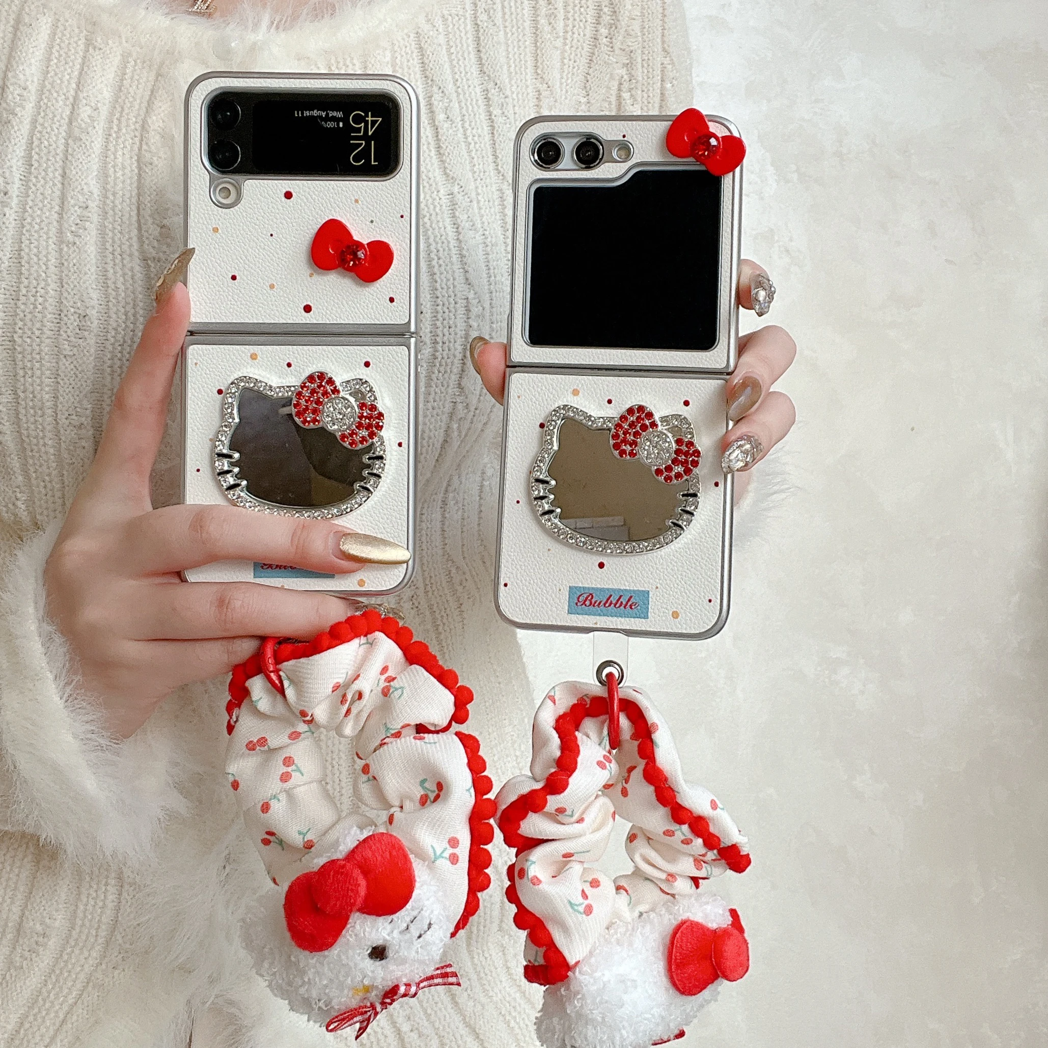 

Чехол Sanrio Hello Kitty Kawaii KT с зеркалом для Samsung Z Flip 6 5 4 3D Bow, модная противоударная задняя крышка с ремешком на запястье