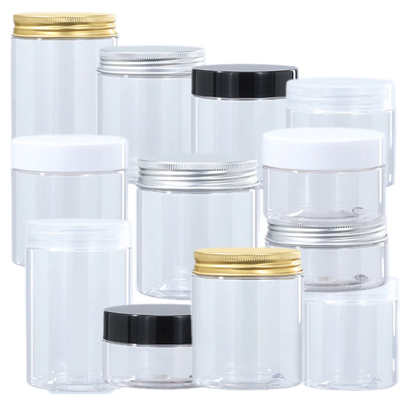 20 piezas tarro de plástico de boca ancha de 50/60/100/120/150/200ml con tapa, tarros transparentes para almacenamiento de alimentos y especias, envases cosméticos para crema facial