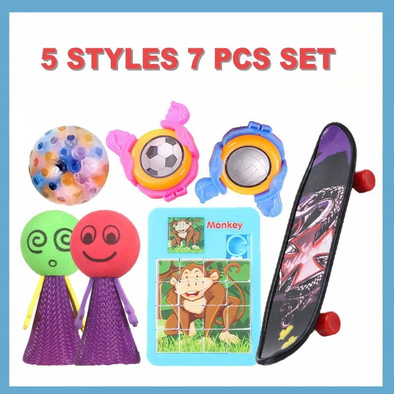 7 Pcs Children's Toy Set Bouncing Doll+Ejection ejection flying disk+Squishy Ball+Finger Skateboards+Sliding Puzzle Birthday Par