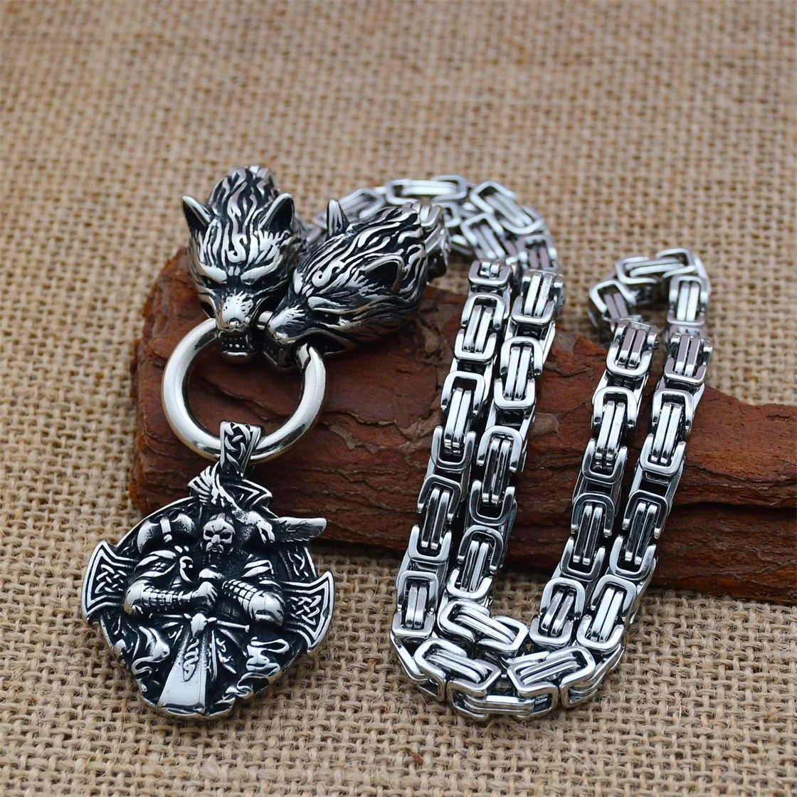 

Viking Wolf Head King Chain Necklace Nordic Odin Warrior Crow Pendant Men's Rune Amulet Accessories Viking Jewelry