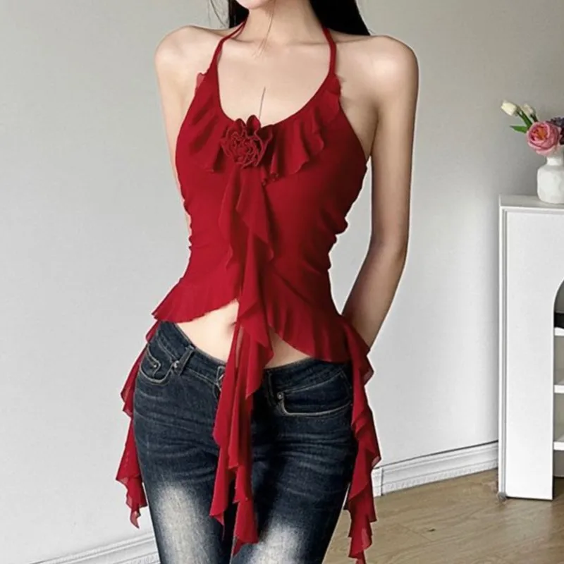 Pure And Alluring Three-dimensional Flower-shaped Halter Sleeveless Vest Slimming And Form-fitting Top Irregular Ruffles