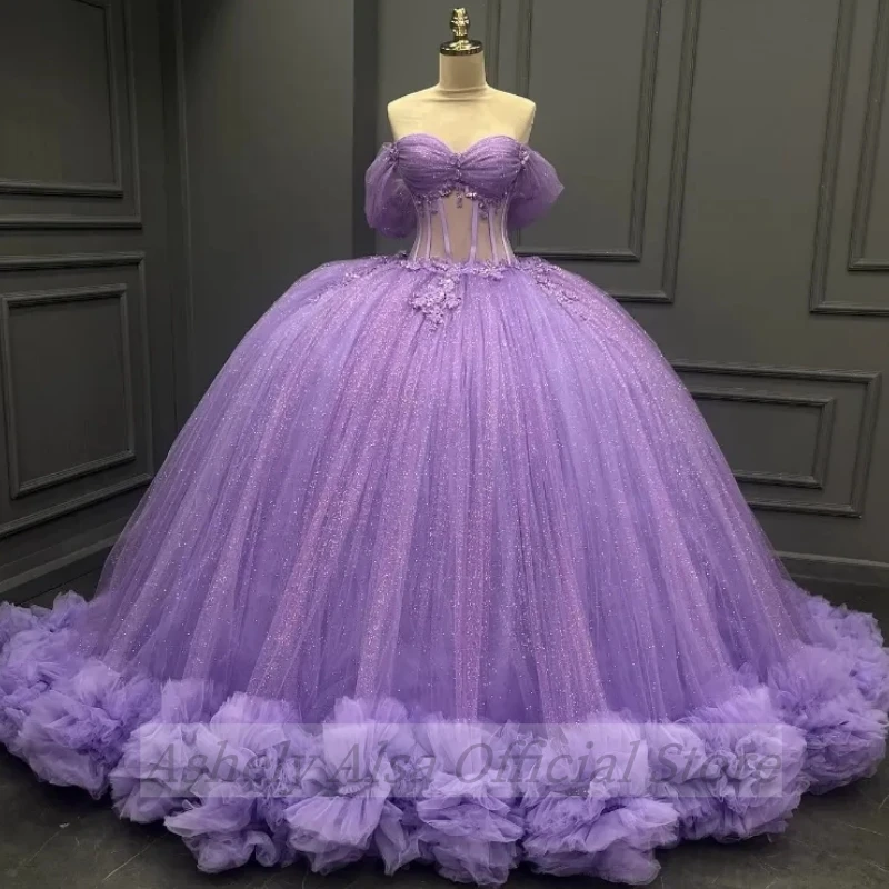 Customized Real Picture Mexican Lavender Princess Quinceanera Dresses Applique Tulle Tiered Prom Sweet 16 Vestidos De 15 Anos