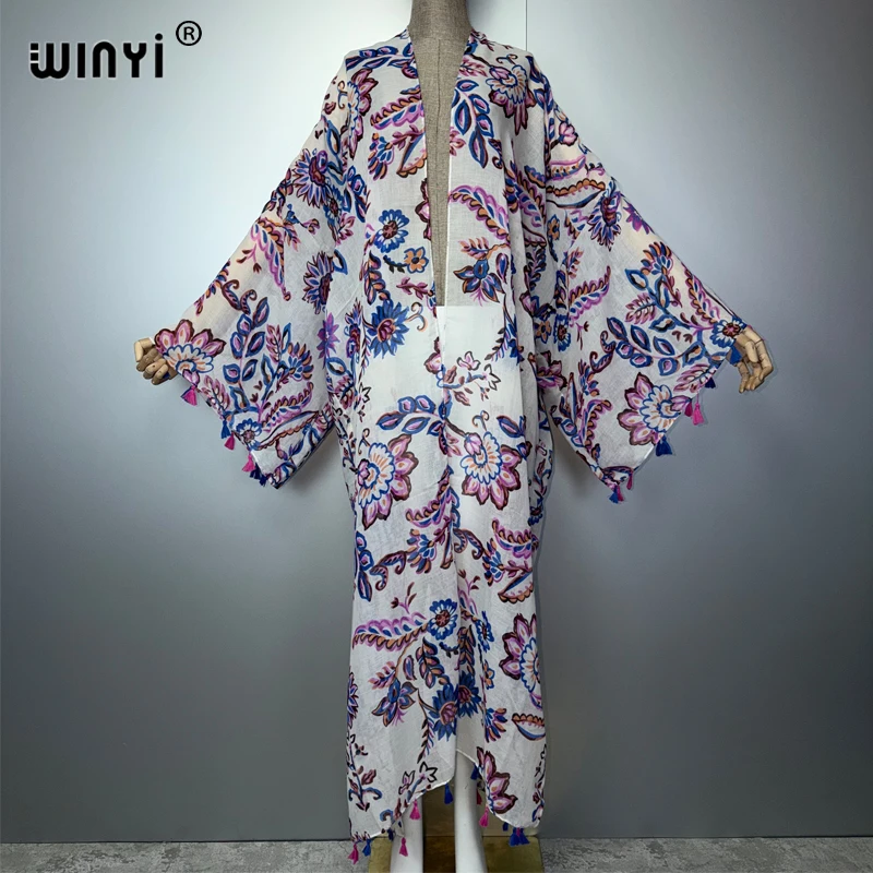 WINYI Summer Kimono Print Long Sleeve Cardigan Muslim Women's Abaya Boho Cover-Up Dress Kaftan Luxury Dubai Style