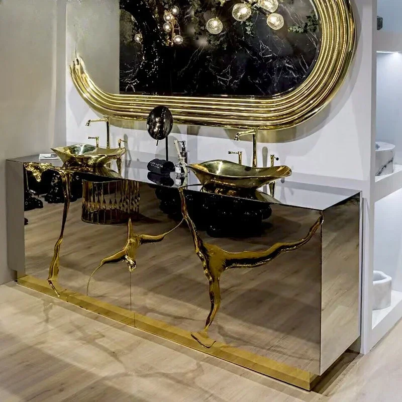 Light luxury high-grade stainless steel washbasin Portuguese villa hotel desig ner do uble-hole was hbasin