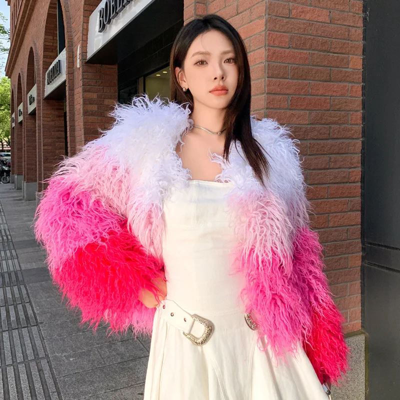 Faux Sheep Wool Short White Pink Rose Red Color-Block Fuzzy Patchwork Women's Coat