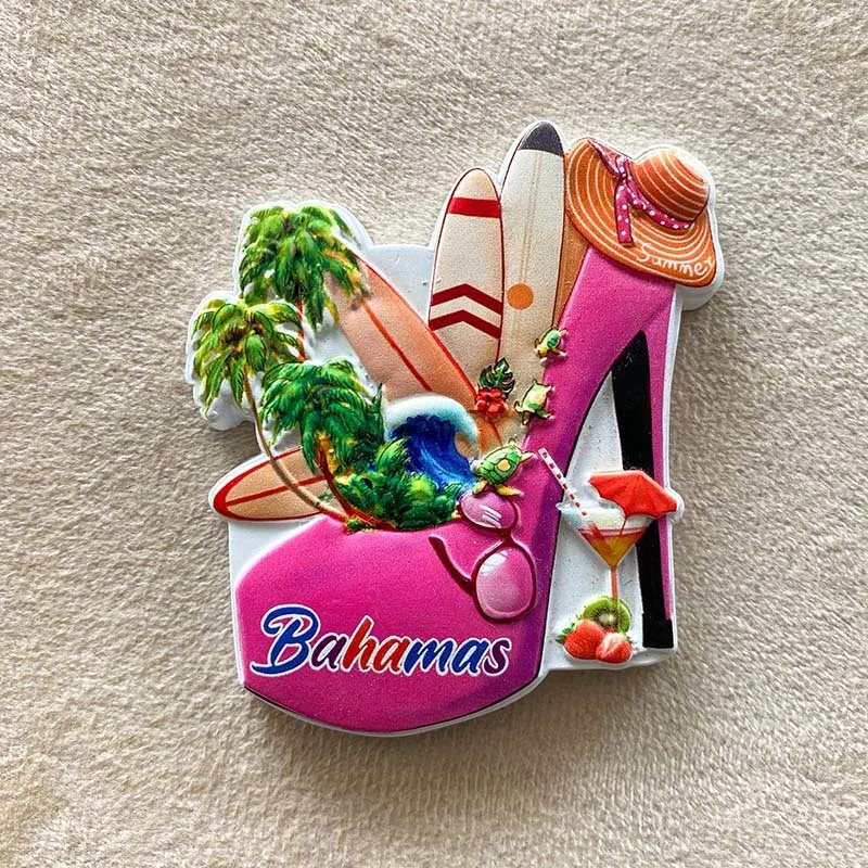 

3D Resin Bahamas Cute High Heel Fridge Magnet with Surfboards, Palm Trees, & Beach Hat - Decorative Fridge Magnets