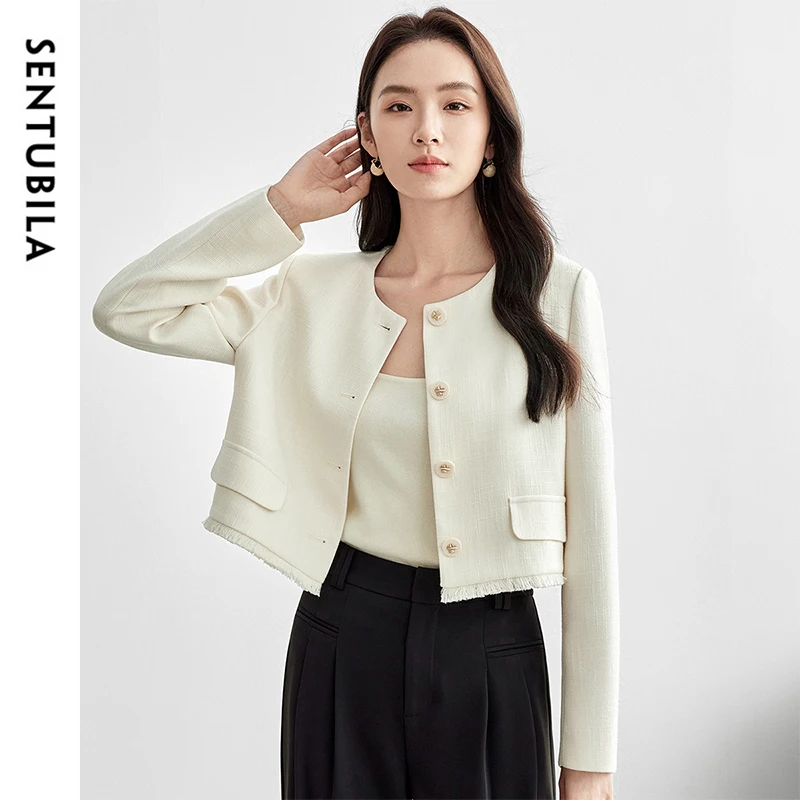 SENTUBILA Short Tassels Jackets for Women's 2025 Spring French Style Elegant Straight O Neck Chic Button Overcoat 151W58260