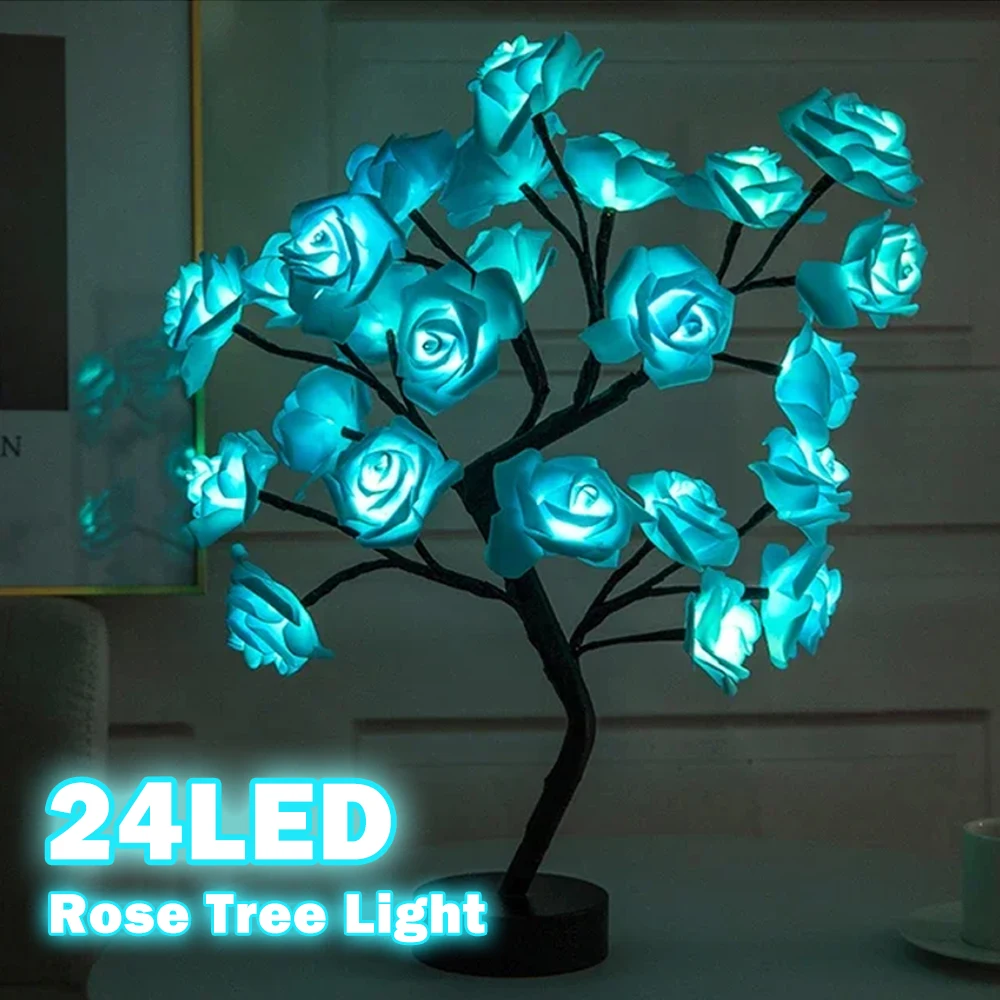 24 LED Rose Tree Lights Fairy Flower Night Light  USB Plug Table Lamp For Home Party Christmas Wedding Bedroom Decoration Gift