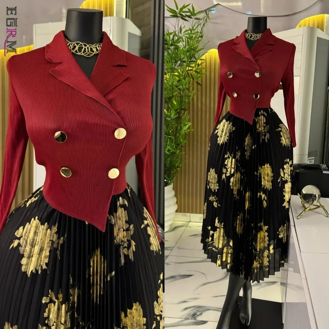 EGRM robe d'été plissée femme 2025 col de costume Chic et élégant pull chaud or imprimé robes de bal en liquidation vente 3R7152