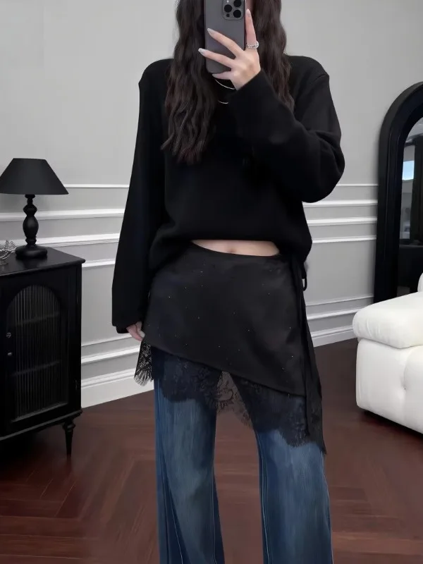 

Женская юбка больших размеров с кружевными вставками, имитация двух частей, короткая, с высокой талией, А-силуэт, скрывающая бедра, утягивающая