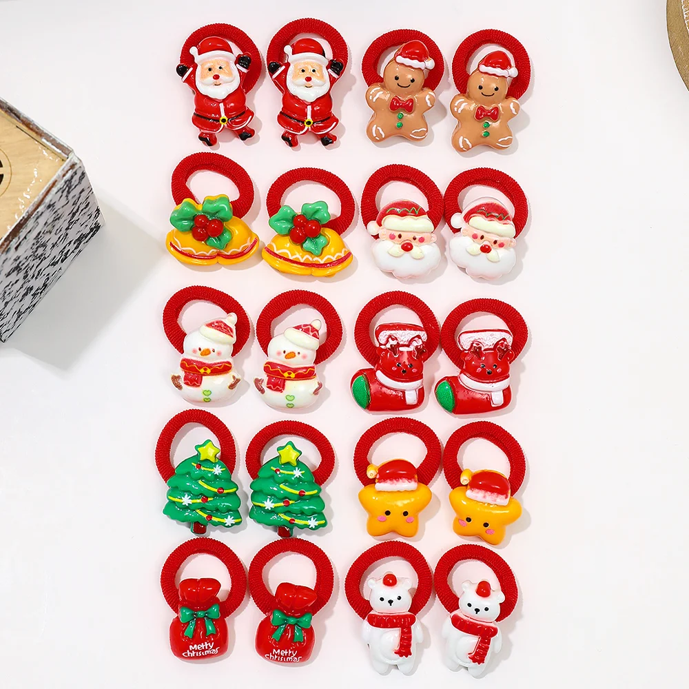 10-Pack Girls Hair Ties Cute Christmas Design with Santa Chr