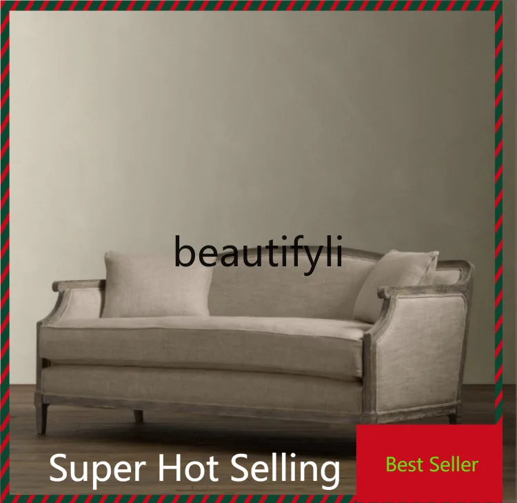 

A71French Retro Solid Wood Fabric Sofa for Living Room Small Apartment American Country Style Oak Full Solid Wood