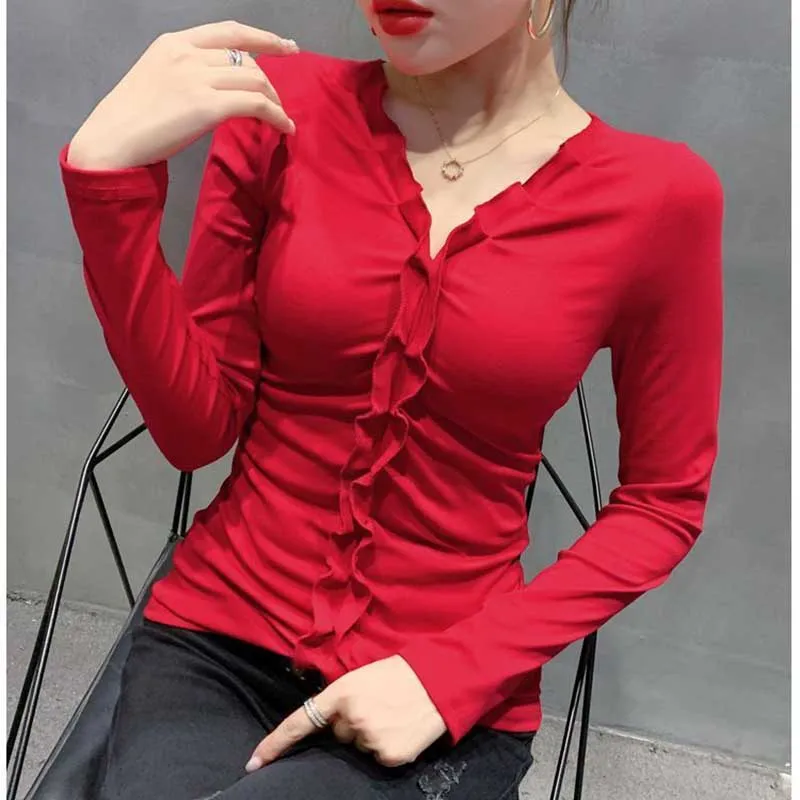 Fashion V-Neck Spliced Folds Ruffles T-Shirt Women\'s Clothing 2023 Winter Slim Solid Color All-match Tops Office Lady Tee Shirt