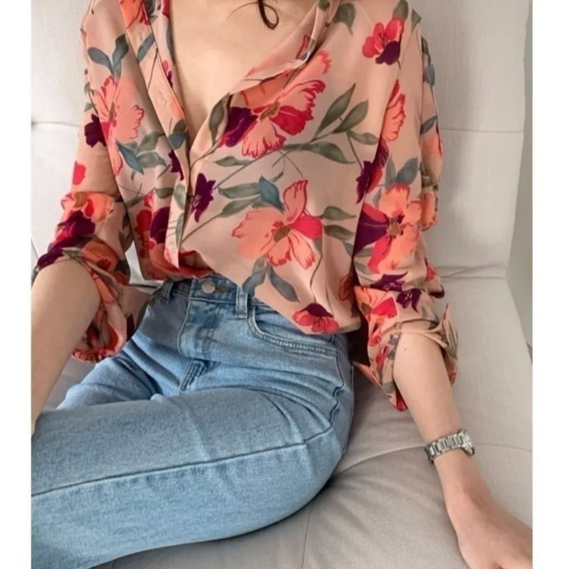 Women Fragmented Flowers Shirt Chiffon Long Sleeved Westernization Thin Versatile Tops Spring Summer Manteau Printemps Femme