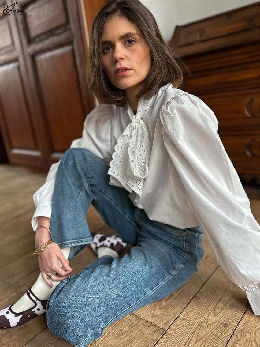 Oymimi, camisa informal de algodón blanco para mujer, camisas de manga larga con encaje a la moda, camisas con una botonadura, camisas elegantes nuevas sólidas con cordones y cuello