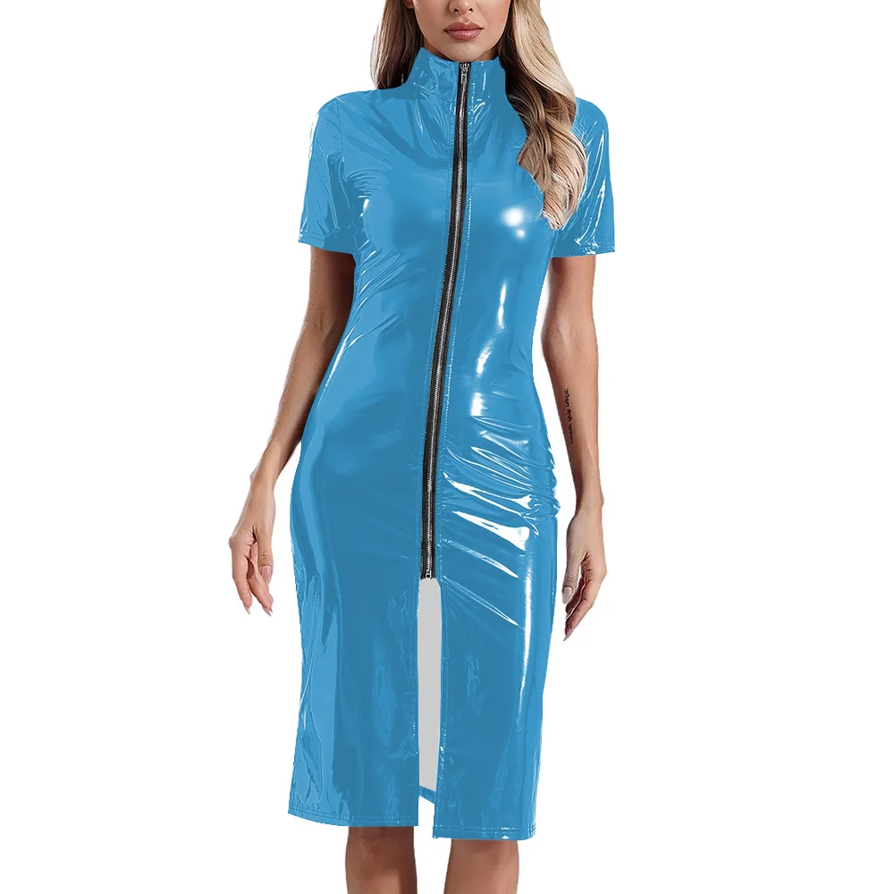 Robe crayon en cuir verni pour femmes, grande taille, gothique, Punk, Look mouillé, manches courtes, fermeture éclair sur le devant, fendue, longueur aux genoux, Clubwear