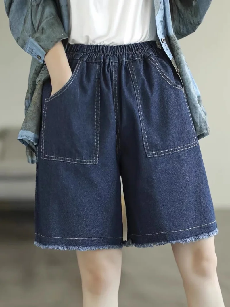 2025年夏新作 カジュアル ルーズ ビッグサイズ ゆったりウエスト ジーンズ レディース デニムショートパンツ デザイン感のあるヘアエッジ ワイドレッグパンツ w114