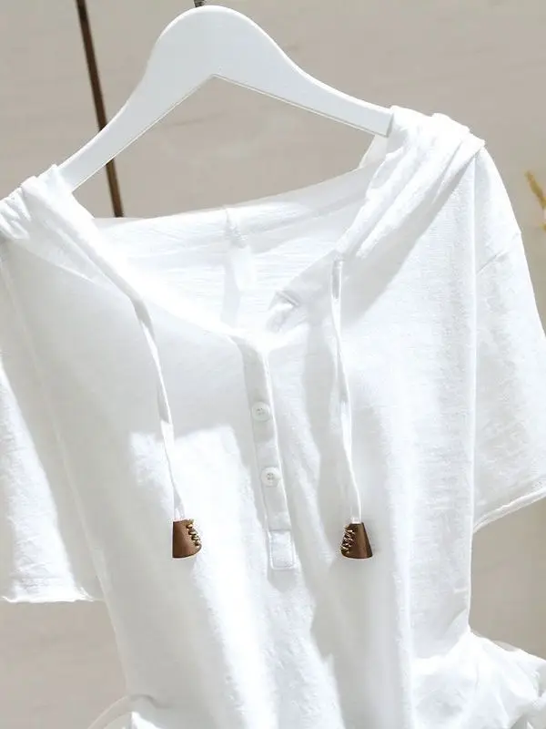 Cseta de aodón de manga corta con capucha de estilo europeo a la moda, Top de talla ande para mujer, versión coreana I...