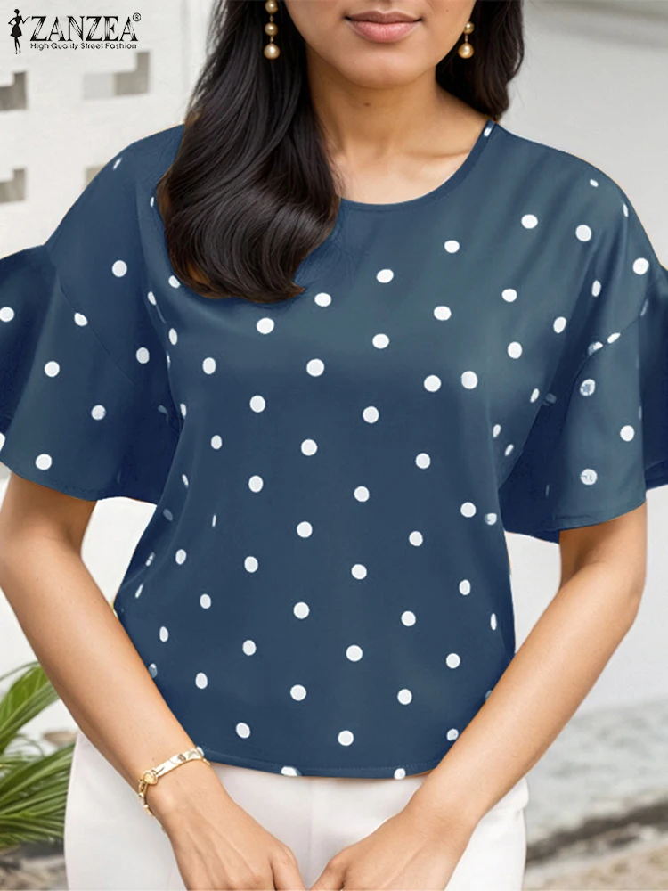 

ZANZEA Women Summer Tops Polka Dot Print Blouse Short Flare Sleeve Tunic 2025 Fashion Casual Loose O-Neck Bohemian Korean Shirts