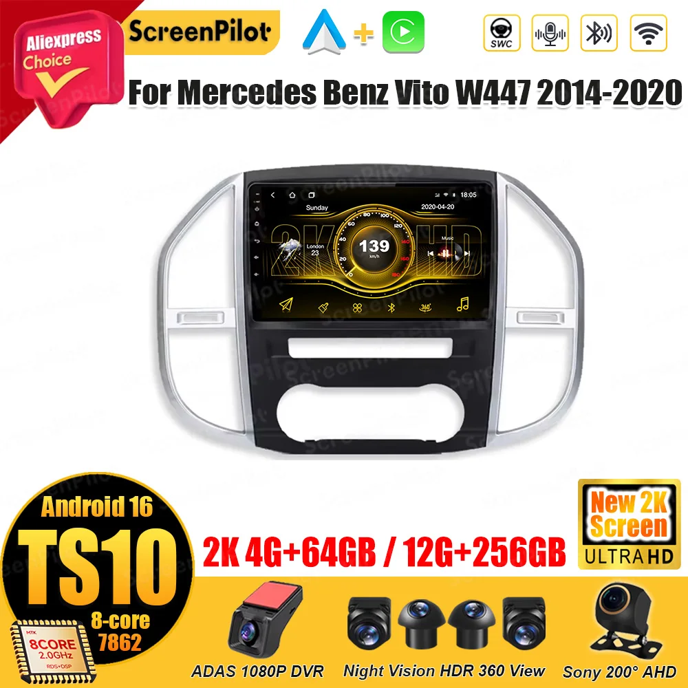 For Mercedes Benz Vito W447 2014-2020 Android 16 Car Radio Multimedia Video Player Carplay Stereo Head Unit Touch Screen 10 Inch