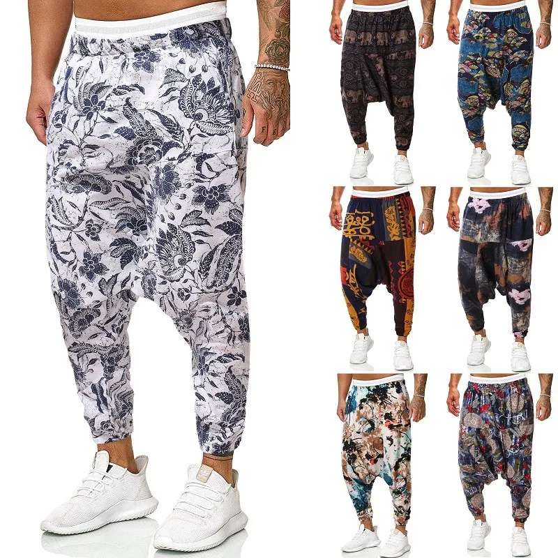 2024 Summer Beach Style Thai Lantern Pants Wide Leg Pants Drawstring Elastic Waist  Printing Long Pants Men Trousers