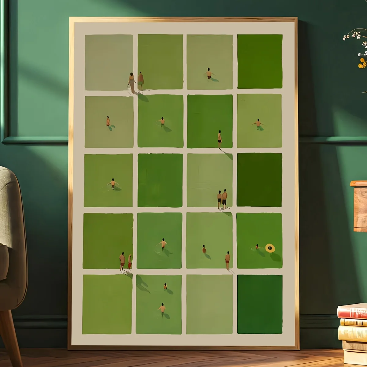 2D Flat, 2D Flat, A Frameless Featuring Modern Medieval Green Stripes, Pastel Swimming Canvas Art, Creative Wall Mural, Perfe