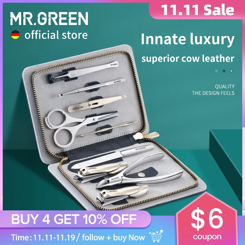 

MR.GREEN Innate Роскошный маникюрный набор Хирургические ножницы Набор кусачек для ногтей из нержавеющей стали Полностью зернистая коровья кожа Пакет Педикюр