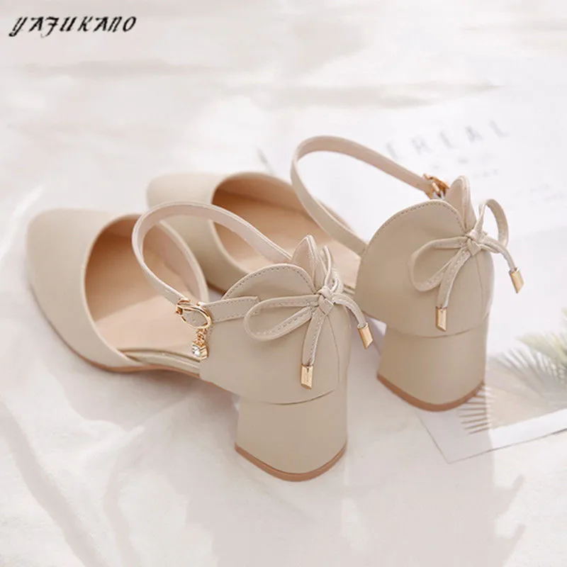 2024 Pumps Women Bow Mid Heels Two-Piece Shoes Buckle Pointed Toe Footwear Ladies Summer Elegant Shoes Female Beige apricot