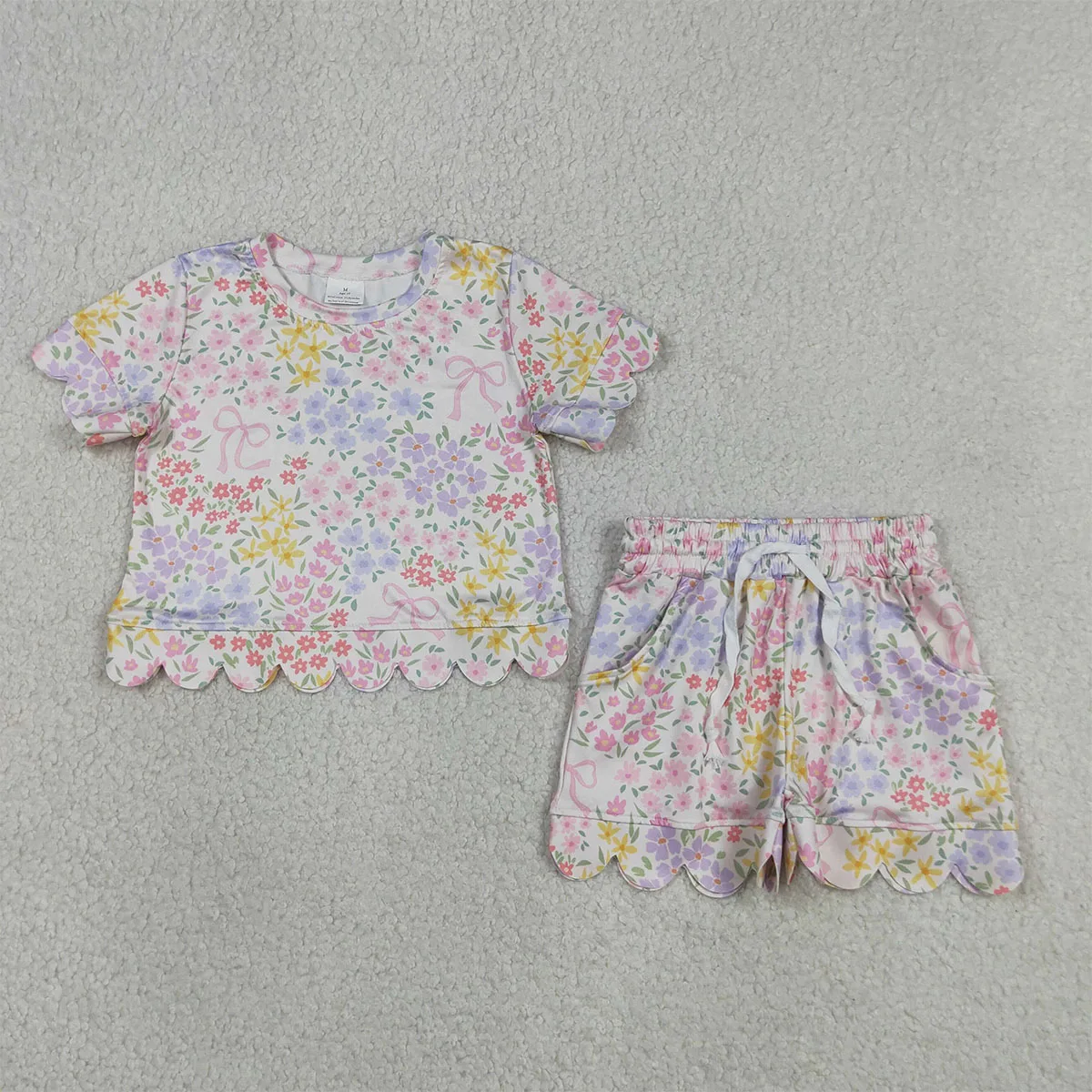 Toddler Baby Girls Short Sleeve Colorful Flowers Top Pockets Shorts Scallop Clothes Cute Kids Pajamas Outfits Children 2Pcs Sets