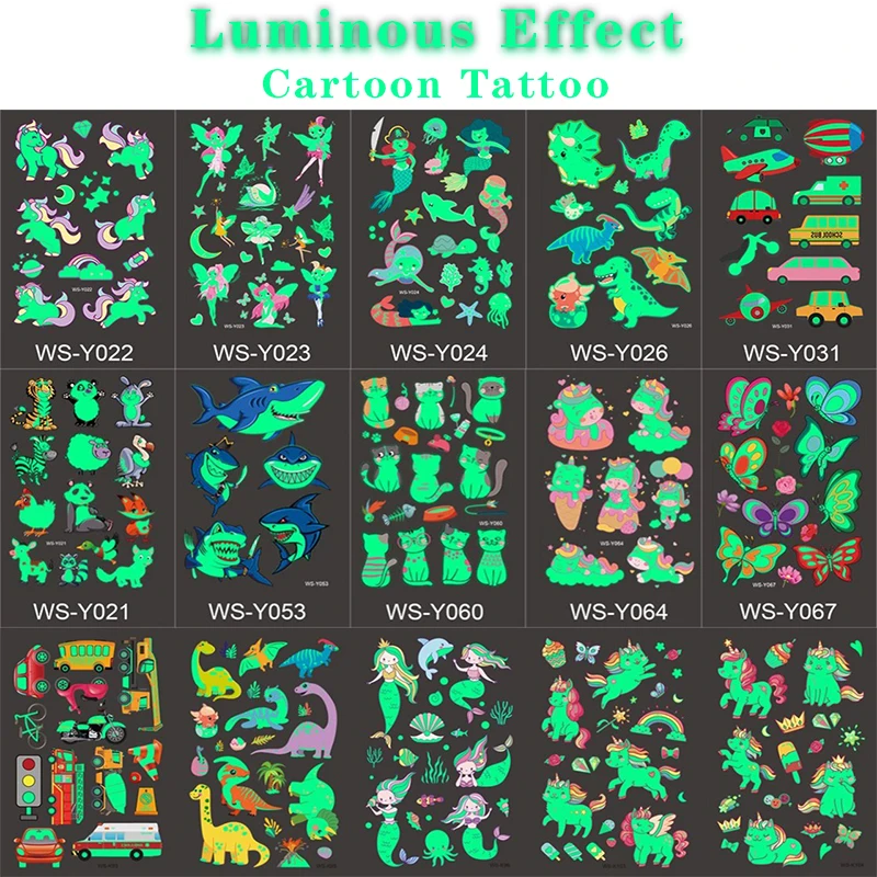 Светящиеся наклейки-татуировки для детей, наклейки на руку, лицо, светящийся Единорог, Русалка, Мультяшные Временные татуировки для детей,