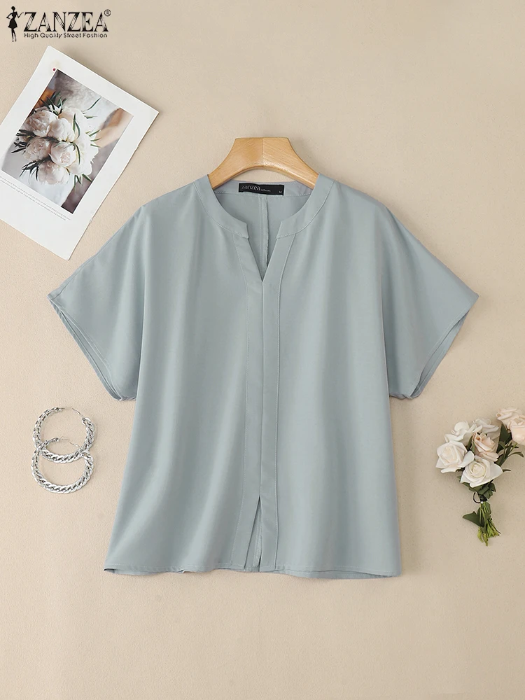 2025年 エレガント オフィスシャツ ZANZEA サマーブラウス レディース Vネック カジュアル 半袖 チュニック トップス おしゃれ 無地 ワーク OL ブラウス