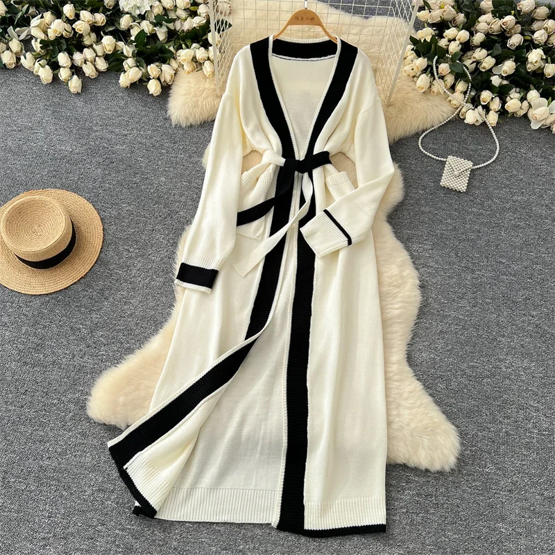 Autumn Long Cardigan Women Elegant Sash Waist Mid Length Sweater Coat Winter Fashion Contrasting Colors Loose Knitted Cardigans