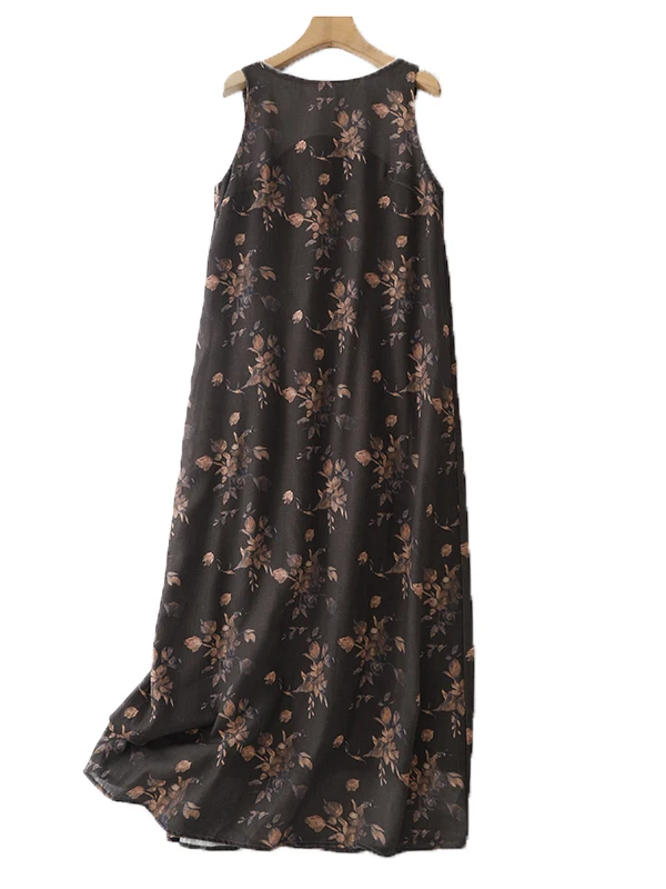 Retro Chinese Style Sleeveless Printed Dress Korean Japanese Vacation Loose Backless Summer Long A-Line Gown for Women
