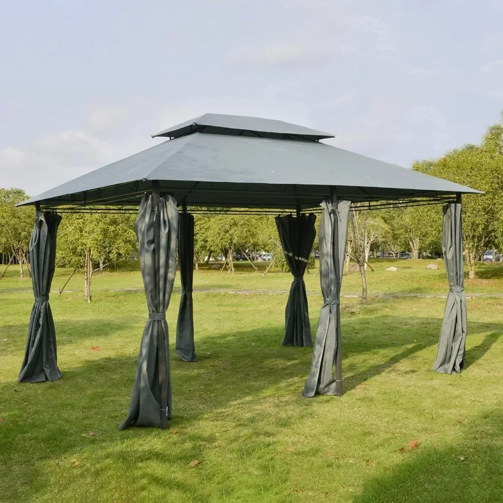 10'x13' Outdoor Patio Gazebo with Curtains & Vented Roof and Steel Frame for Garden, Backyard and Deck, Outdoor Patio Gazebo