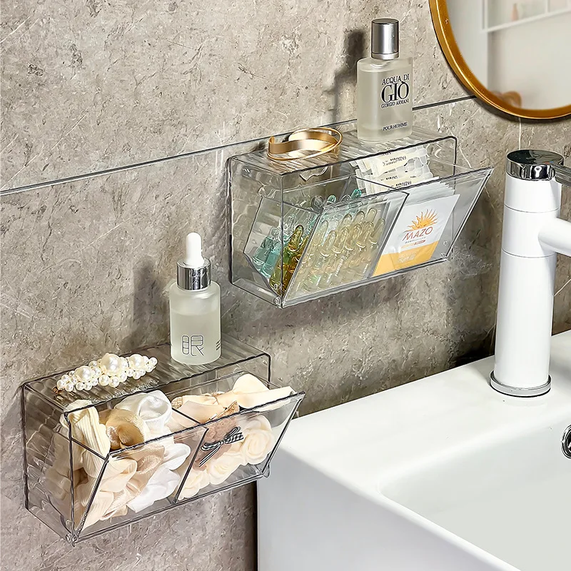 Wall Mounted Cushion Storage Organizer, Clear Stand Dispenser with 2 Compartments Bathroom Vanity Storage Jar for Cotton Swabs