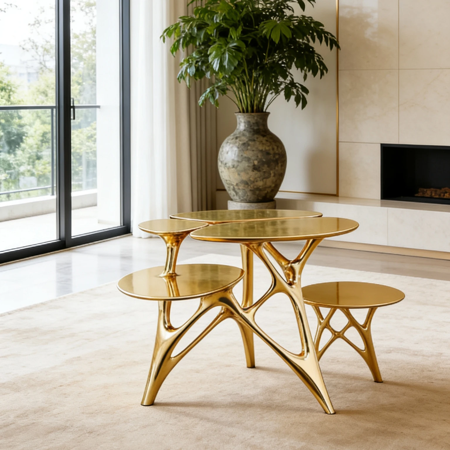 Polished Gold Multi-Level Side Table with Organic Design for Upscale Home and Hotel Decor