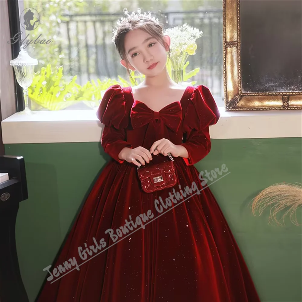 Velvet Girls Children Prom Elegant Dress Kid Luxury Evening Piano Performance Host Ball Gown Teens Partywear