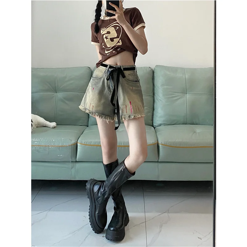 

Y2k American Gyaru Denim Shorts Raw EdgeLace Up Design Streetwear Pants Punk GothicHarajuku High Waist Summer 2023 New Clothing