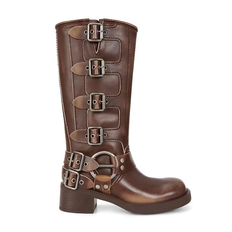 2026 winter new round head women\'s ankle boots leather buckle thick heel thick soled retro western mid-leg Knight ladies boots