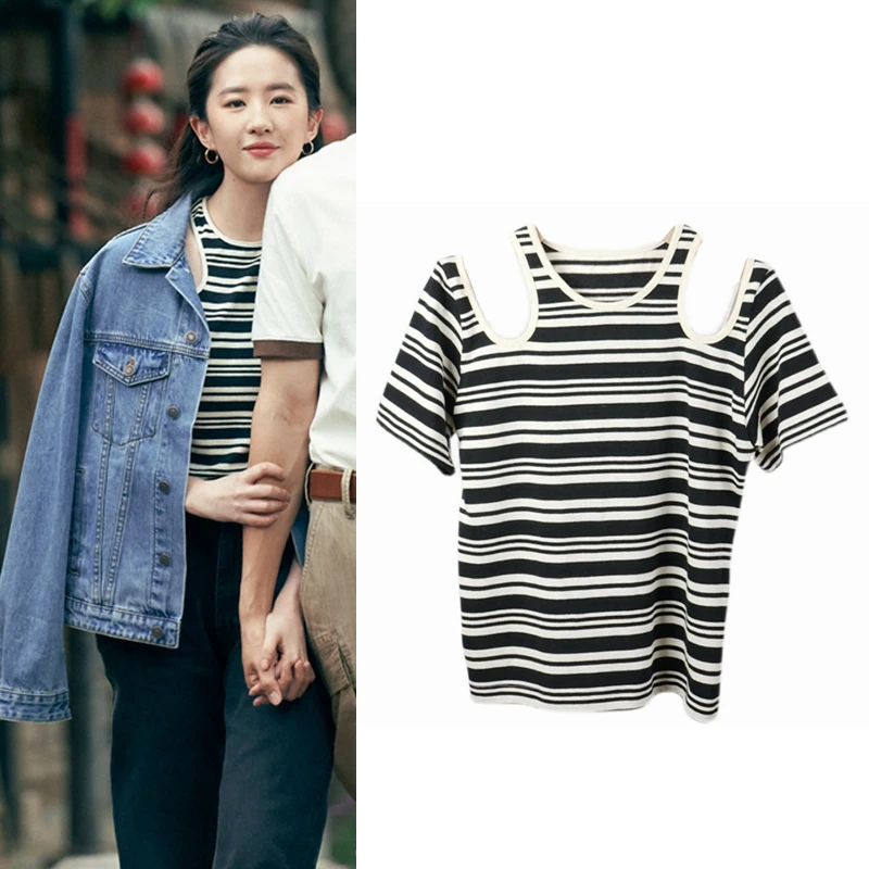 

EXJR Women's Knitted Short Sleeve T-Shirt Shoulder Bared Hollow out Striped Top Summer Thin round Neck Straight Fit Short Length
