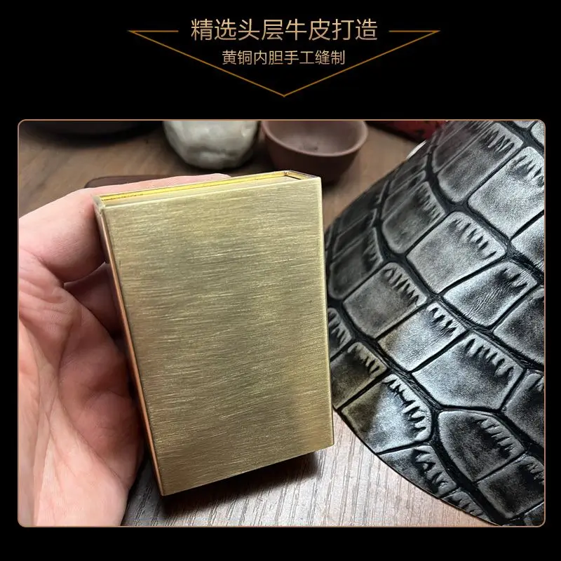 Classic Men\'S Thick Cigarette Box Cowhide Leather Crocodile Pattern Sewing Brass Liner 20 Units Capacity