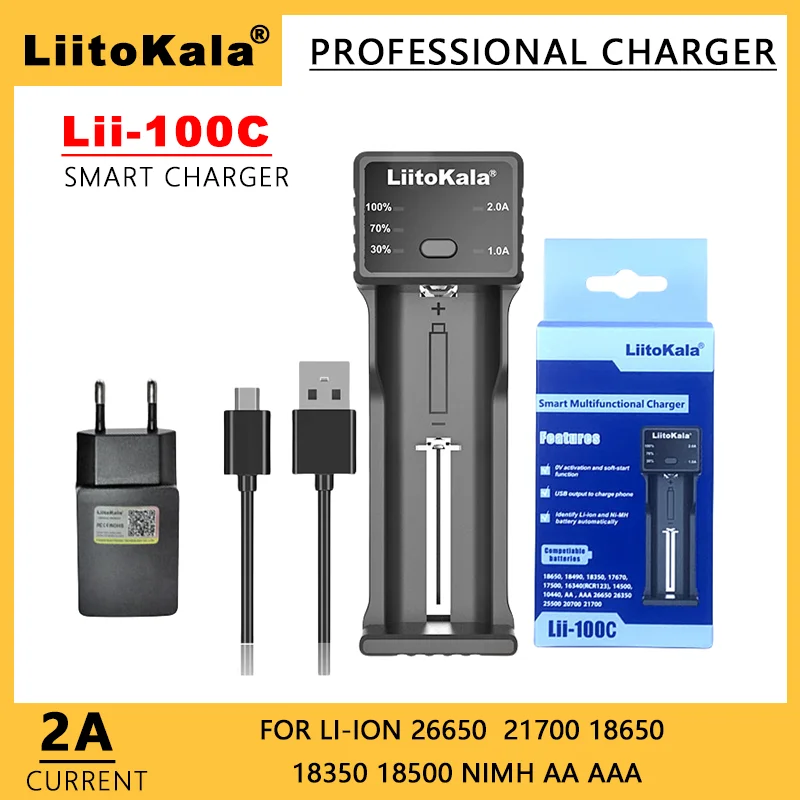 LiitoKala Lii-100C 21700 Rechargeable Battery Charger For 3.7V 18650 18350 26650 1.2V AA AAA Ni-MH C 2A Fast Charge USB Output