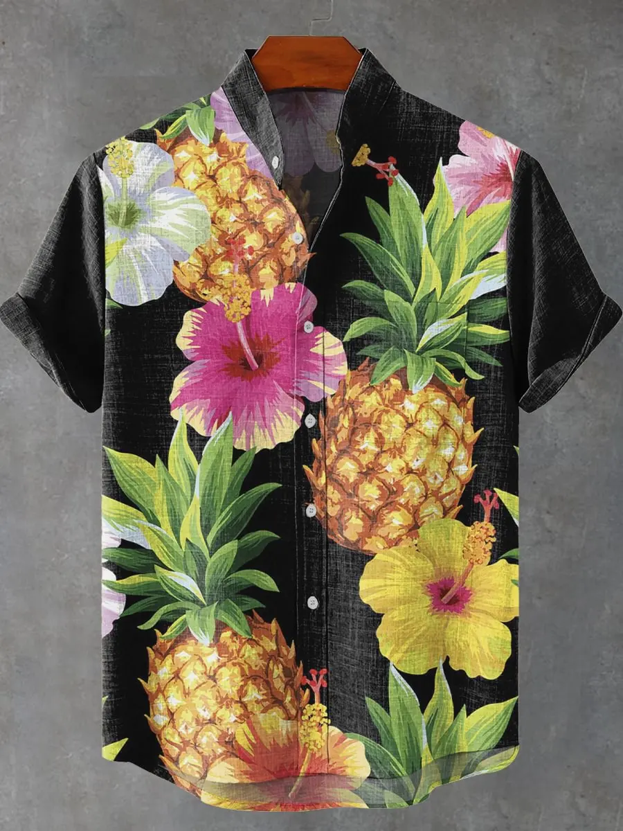 Summer Holiday Style Pineapple Flower Decorative Pattern Printed Fashionable, Casual and Comfortable Linen Short sleeved Shirt