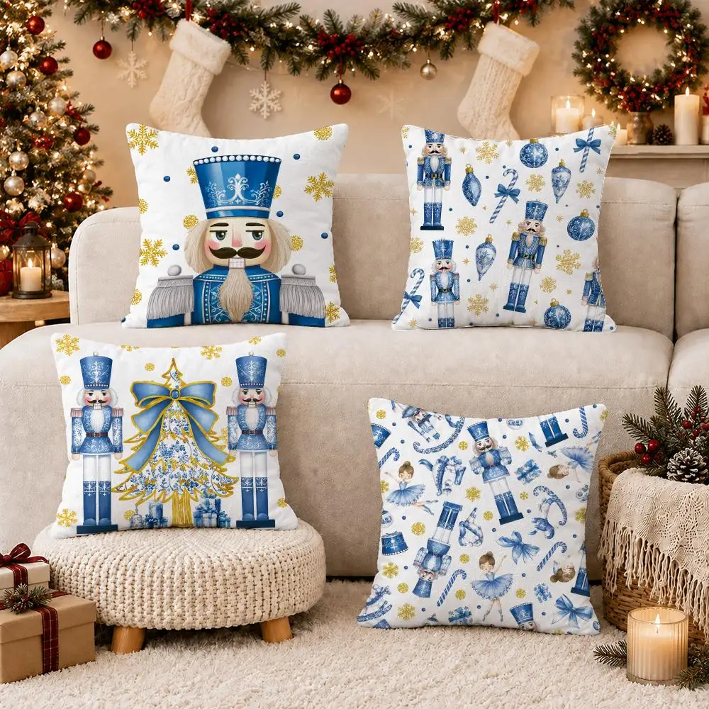 Nutcracker Christmas Snowflake Cushion Cover Soft Short Plush Double-Sided Printing Home Decor Festival Party Pillow Case Gift