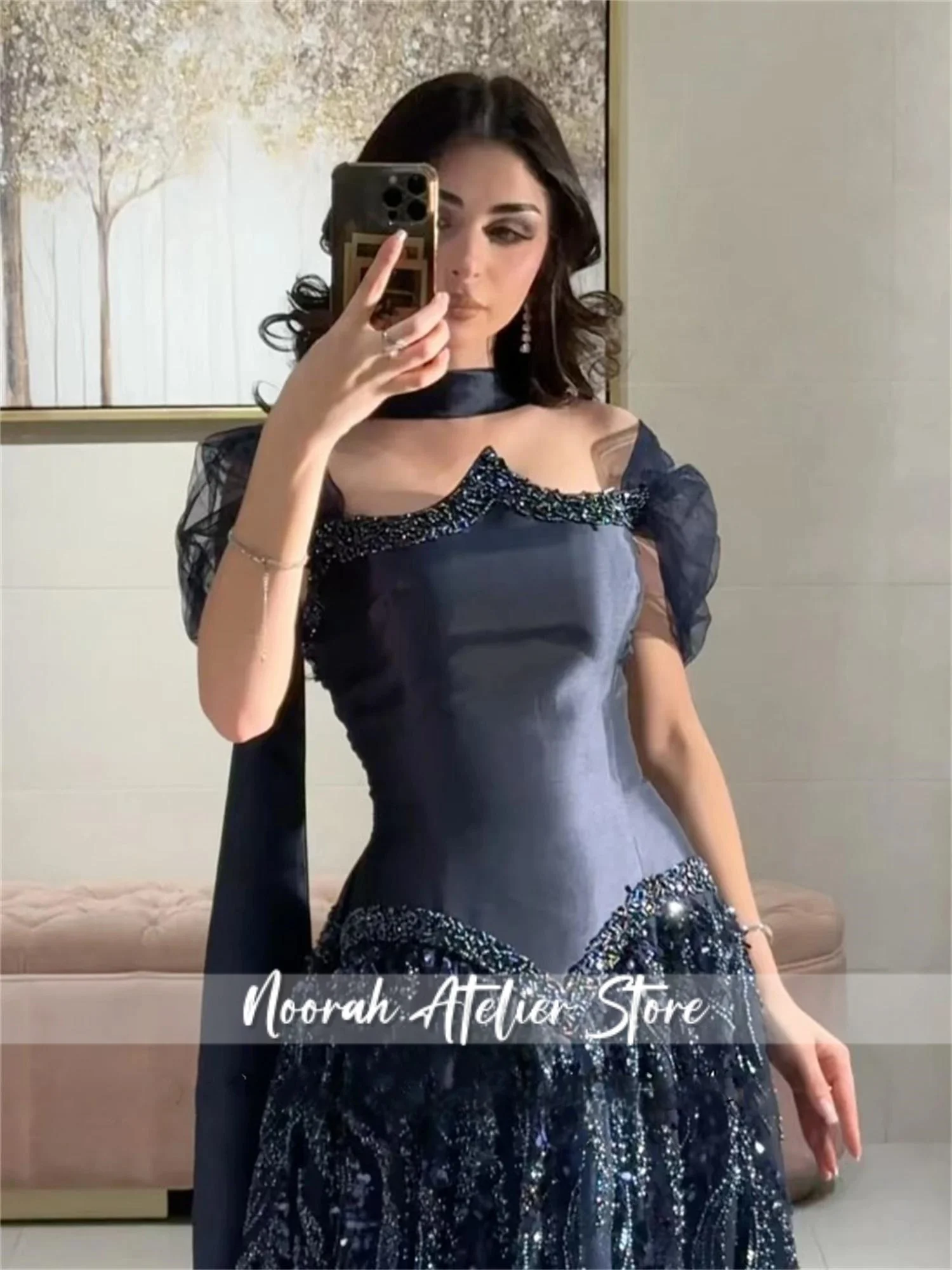 Navy Blue Evening Dresses Short Sleeves Sequin Arabic Dubai Wedding Party Dress Beading Prom Dress Vestidos 2025 Customized