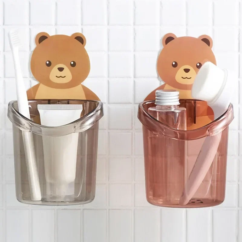 

1Pc Bear Shaped Toothbrush Holder Bathroom Cartoon Toothbrush Toothpaste Wall Suction Holder Rack Container