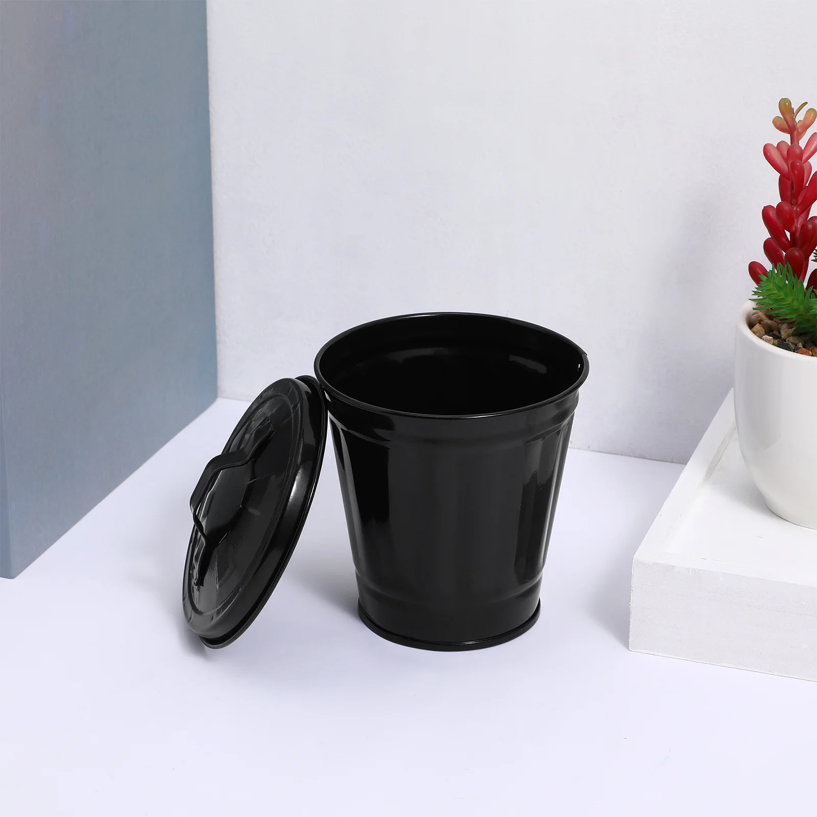

1pc Small Desktop Lid Cute Trash Can For Office Home Flowerpot Waste Garbage Bin Container Compact Iron Flower Pot With Lid Bin